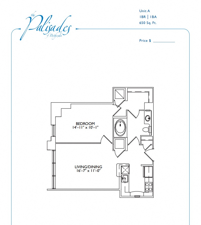 Floor plan for 1 bed, 1 bath, 650 sqft